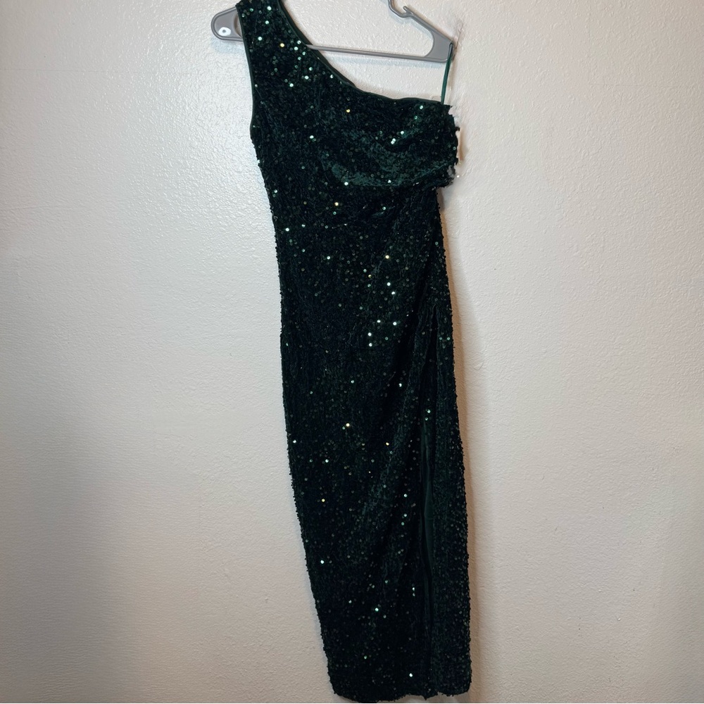 Emerald Green Sequin Dress Formal Prom Bridesmaid Sparkle One Shoulder Size L